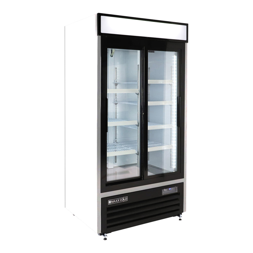 Maxx Cold Double Glass Door Narrow Width Merchandiser Refrigerator, Sliding Door, 36 cu. ft., White