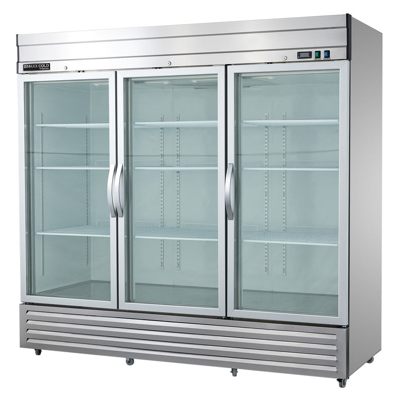 45 Degree Angle Image of Maxx Cold V-Series 3 Glass Door Reach-In Refrigerator, Bottom Mount, 81"W, 65 cu. ft. Storage Capacity, in Stainless Steel (MVR-72GDHC)