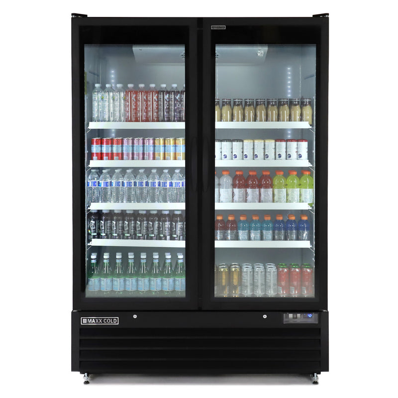 Propped Image of Maxx Cold Double Glass Door Merchandiser Refrigerator, Large Storage Capacity, 54"W, 50 cu. ft. Storage Capacity, in Black (MXGDM-50RBHC)