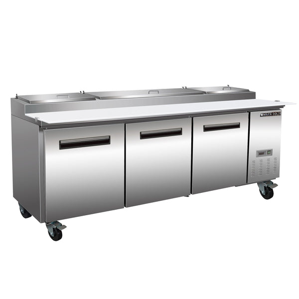 Maxx Cold Three-Door Refrigerated Pizza Prep Table, 32 cu. ft. Storage Capacity, in Stainless Steel