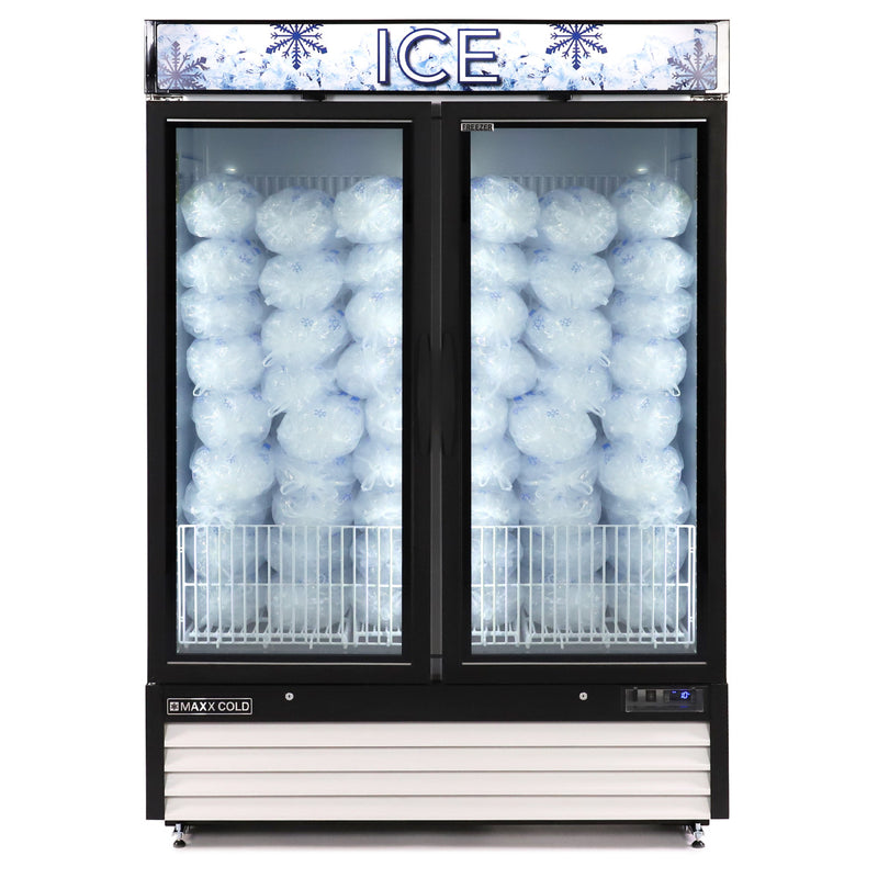 Propped Image of Maxx Cold Double Glass Door Ice Merchandiser Freezer, 54"W, 48 cu. ft. Storage Capacity, in White (MXM2-48FHC-ICE)