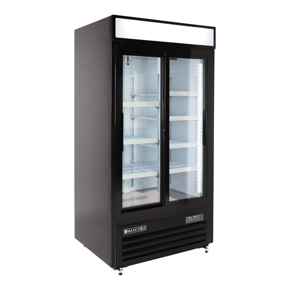 Maxx Cold Double Glass Door Narrow Width Merchandiser Refrigerator, Sliding Door, 36 cu. ft., Black